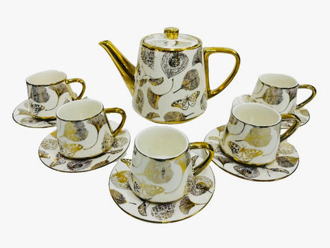 14Pc Ceramic Coffee Cups Set 6oz. / White & Gold