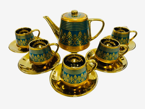 14Pc Ceramic Coffee Cups Set 6oz.  / Gold & Blue