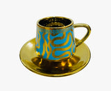 14Pc Ceramic Coffee Cups Set 6oz. / Blue & Gold