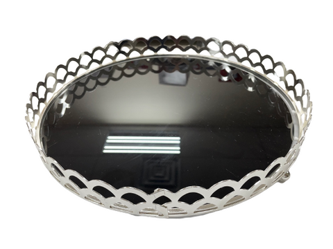1Pc Round Serving Tray Black & Silver / 13”inch
