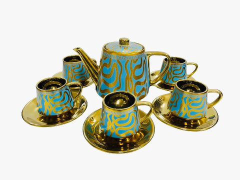 14Pc Ceramic Coffee Cups Set 6oz. / Blue & Gold